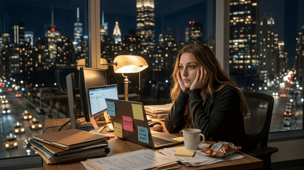 Dianna Adams sitting at a high-rise office desk looking stressed but resilient among files and computers.