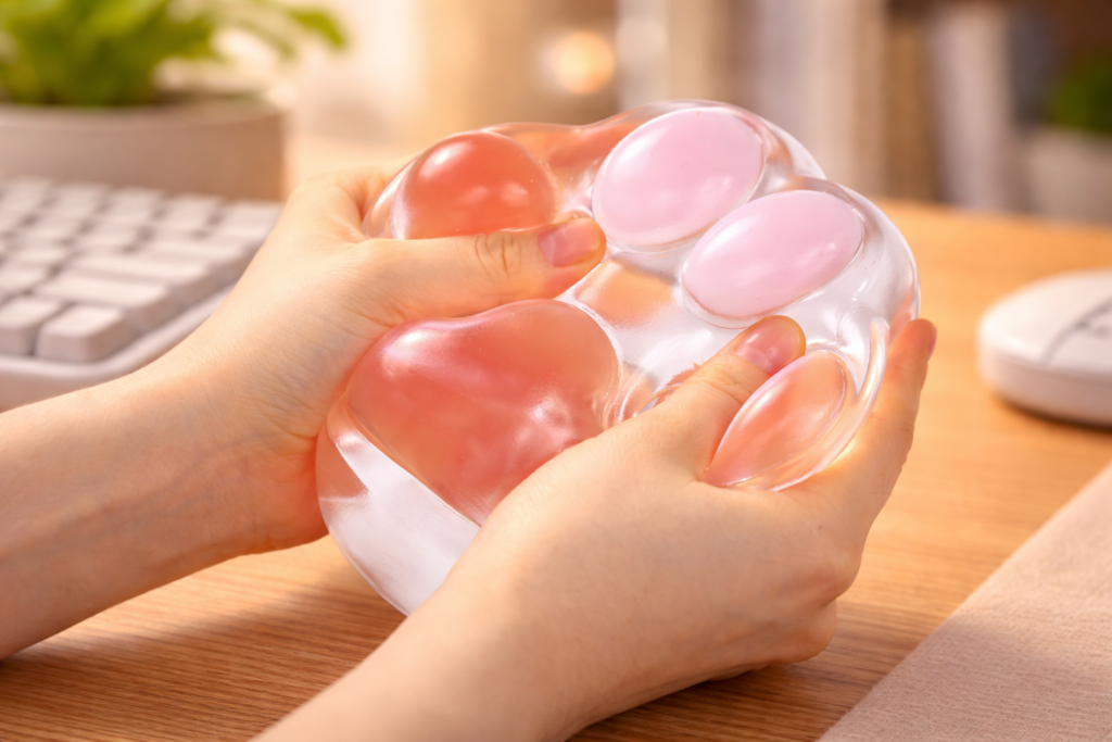 Close-up of Dianna Adams' hand squeezing a soft Taba Squishy for tactile grounding and workplace anxiety relief.