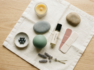 physical tools for emotional resilience laid out on a calm wooden desk
